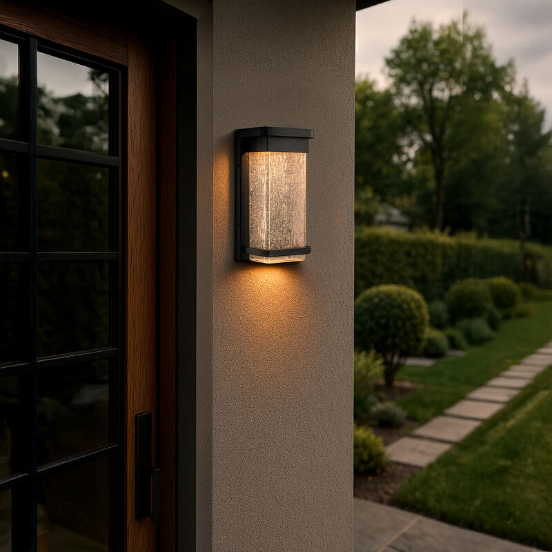 1-Light H12 in Modern Seeded Glass, 12W Integrated LED Outdoor Wall Sconce with Dusk to Dawn Sensor in Matte Black image number 2