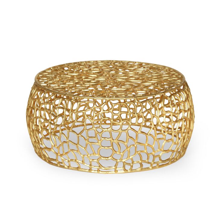 Coffee Table, 28 Inch Round Plinth Mesh Design, Open Gold Metal Frame