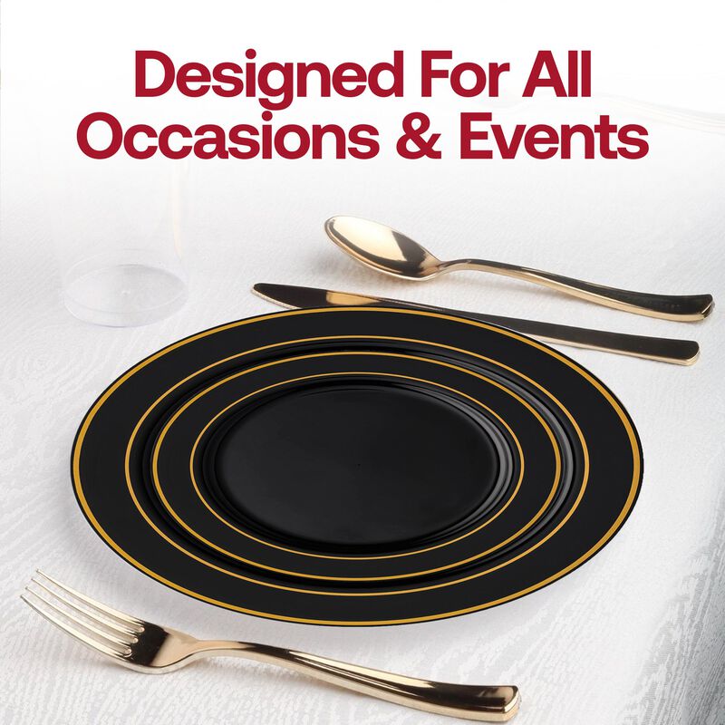 Black with Gold Edge Rim Plastic Wedding Value Set (30 Sets) image number 6