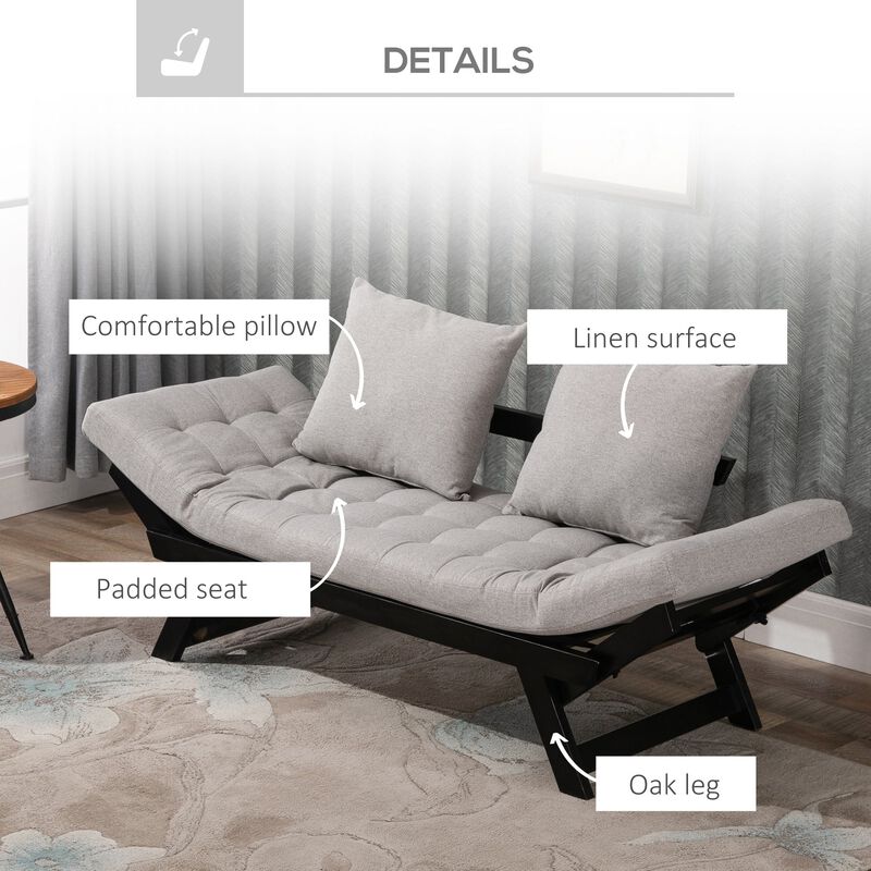 Single Person 3 Position Convertible Chaise Lounger Sofa Bed with 2 Large Pillows and Black Frame, Light Grey