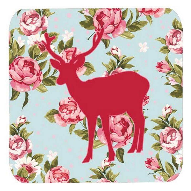 Caroline's Treasures BB1012-RS-BU-FC Deer Shabby Chic Blue Roses Foam Coasters (Set of 4), 3.5 H x 3.5 W, Multicolor