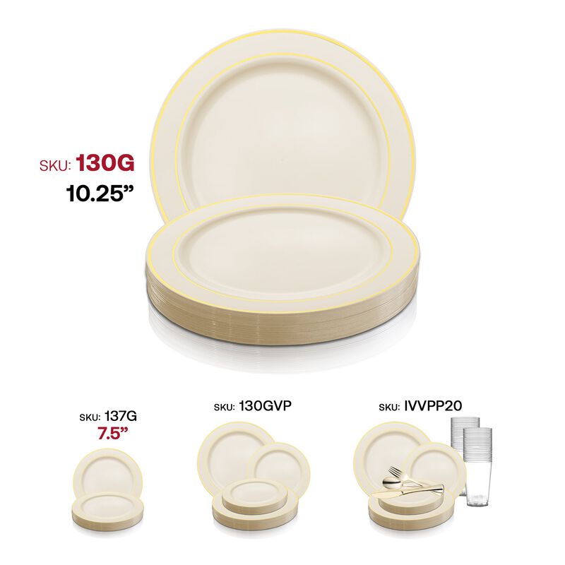 10.25" Ivory with Gold Edge Rim Plastic Dinner Plates (120 Plates) image number 5