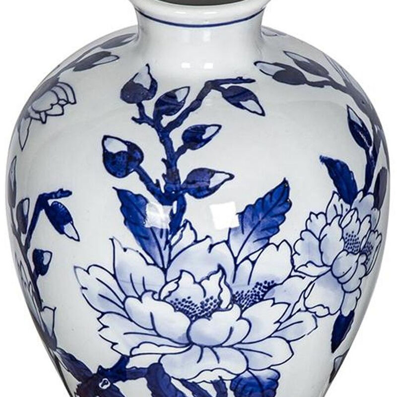 HomeRoots 10" Blue And White Floral Round Porcelain Table Vase image number 4