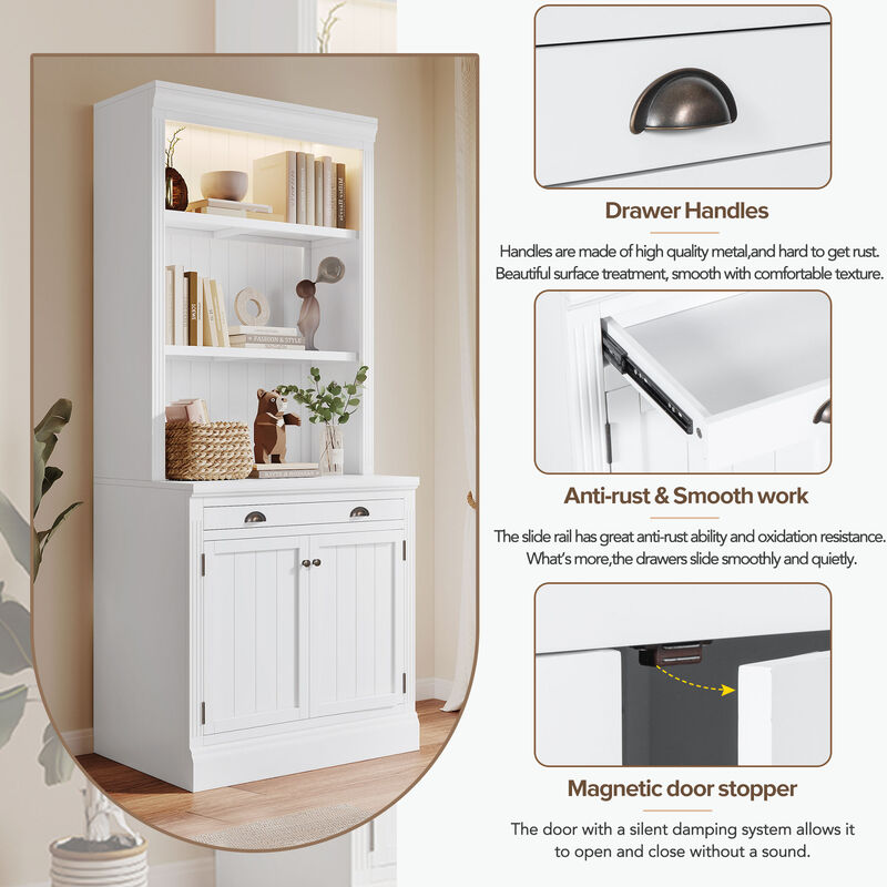 Merax 83.4"Tall Bookshelf with LED Lighting, Modern Bookcase with 2 Doors and 1 Drawer,Storage Bookcase with Open Shelves