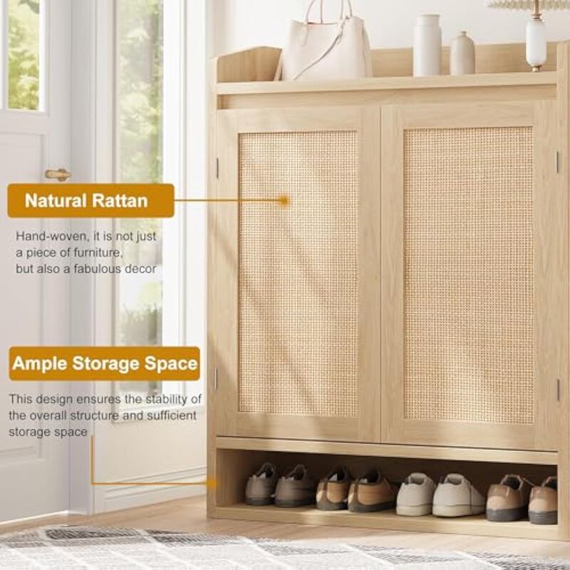 Entryway Wood Shoe Storage Cabinet Adjustable Shelves Natural Oak image number 3