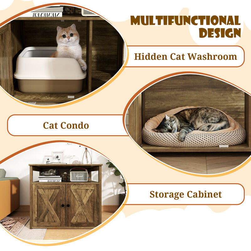 Cat Litter Box Enclosure with Double Barn Doors  Divider  Side Entry and Storage Shelf