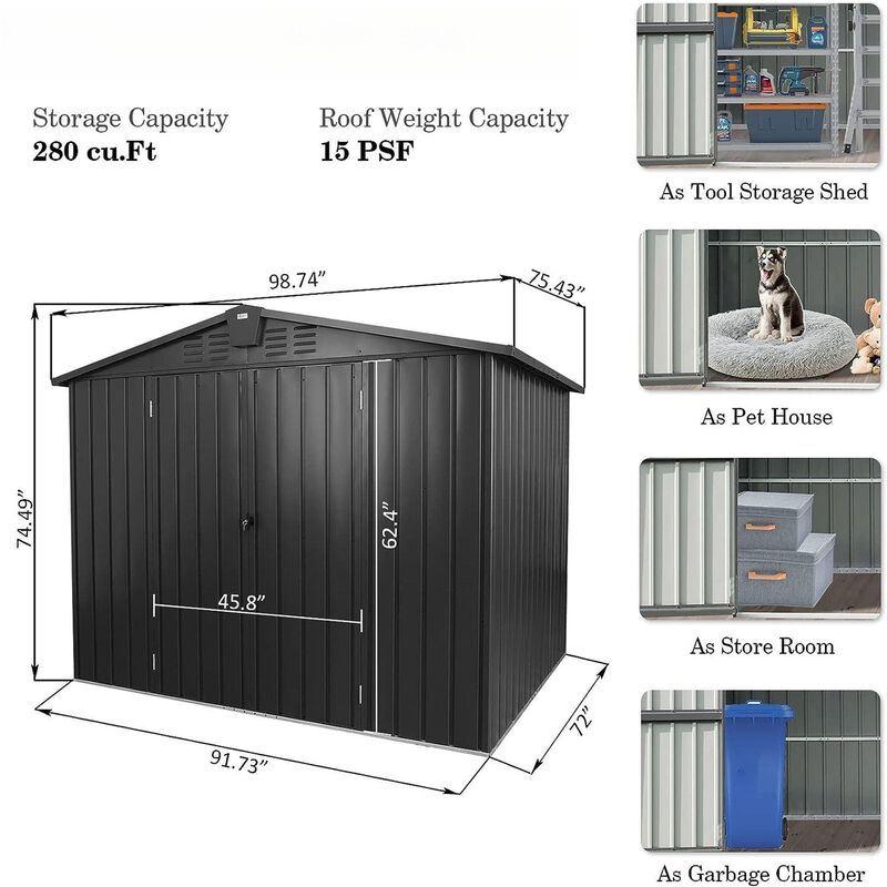 CLIHOME 8.2x6.2Ft Outdoor Metal Storage Shed,Patio Galvanized Steel Outdoor Storage Cabinet with Lock image number 4