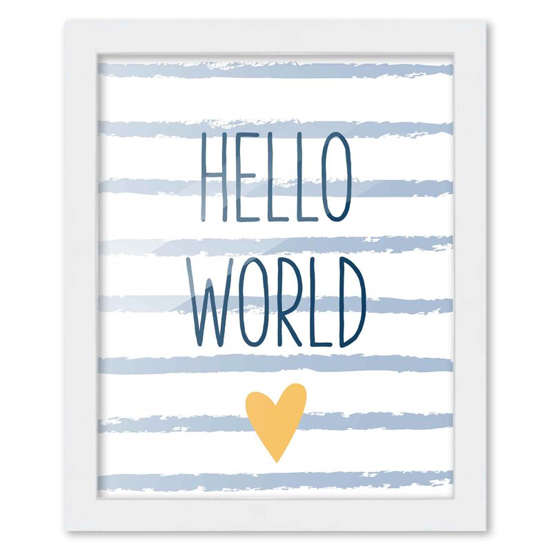 8x10 Framed Nursery Wall Adventure Boy Hello World Poster in White Wood Frame For Kid Bedroom or Playroom