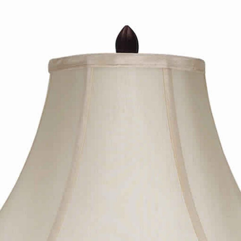 Swing Arm Metal Body Table Lamp with Fabric Bell Shade, Bronze and Beige - Benzara