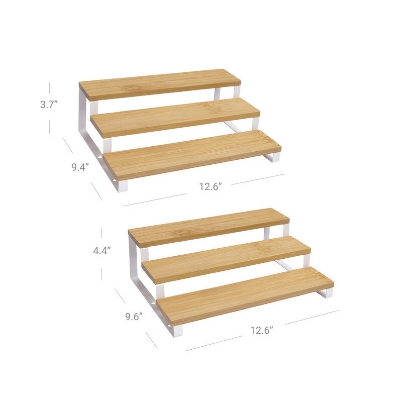 Set of 2 Bamboo Spice Racks - 3-Tier Extendable and Stackable Cabinet Shelf Organizers for Pantry and Countertop