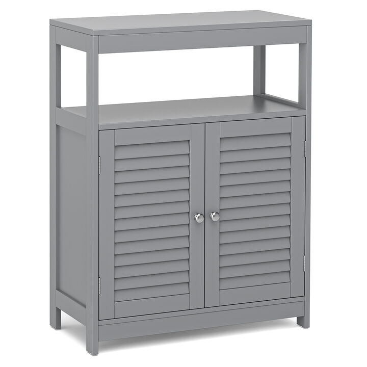 Costway Bathroom Floor Cabinet Storage Organizer with Open Shelf & Double Shutter Door Grey