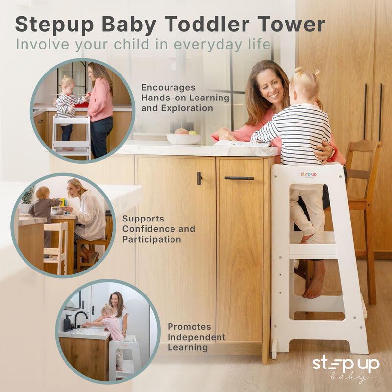 Stepup Baby&reg; Adjustable Toddler Tower - White Wooden Step Stool for Kids | Toddler Standing Tower with Child-safe Chopper & Chopping Board for 18M-4Y image number 2
