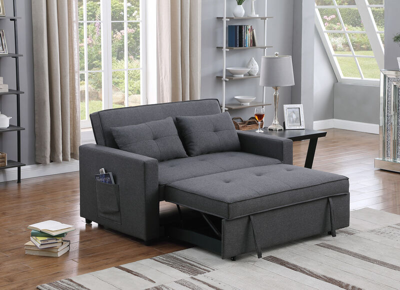 Streamdale Zoey Dark Gray Linen Convertible Sleeper Loveseat With Side Pocket