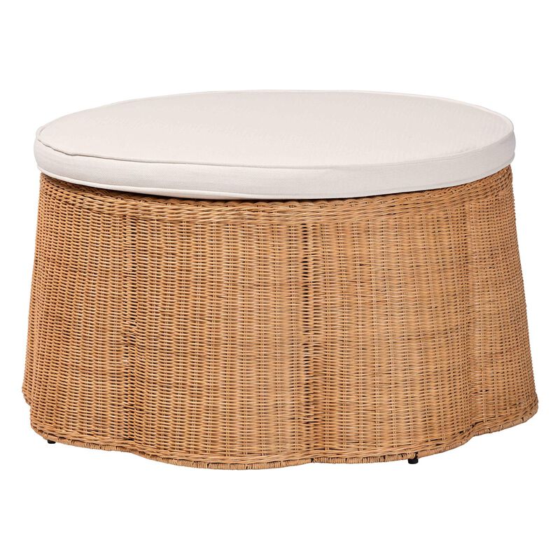 bali & pari Palm Scallop Natural Rattan Ottoman with Cushion – Handwoven Wicker Accent Stool or Footrest for Living Room, Bedroom, or Sunroom, Coastal Boho Style, 32" Round