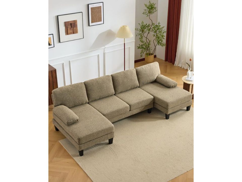 U Shape Sectional Sofa 110 Inch Chenille 4 Seat Double Chaise Khaki Living Room