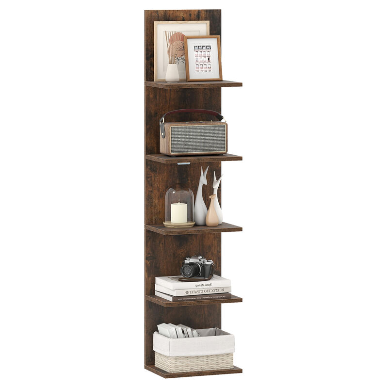Wall Mounted 5 Tier Shelf Unit with Wood Grain for Display and Storage-Brown image number 3