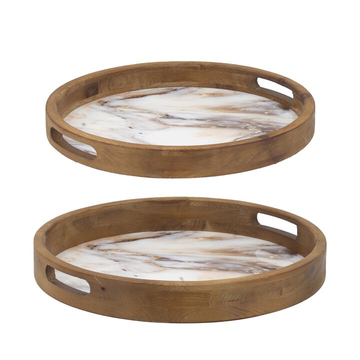 18, 15 Inch Round Decorative Tray, Marble Effect, Brown Fir Wood Frame-Benzara