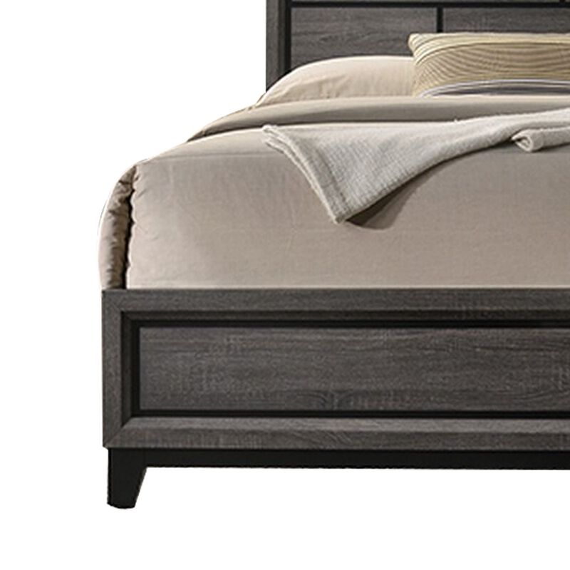 Mazie King Bed, Brick Style Headboard, Black Tapered Legs, Oak Gray Wood - Benzara