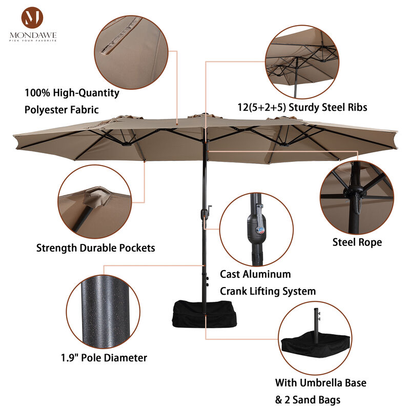 MONDAWE 15ft Rectangular Double-Sided Outdoor Patio Market Umbrella Coffee