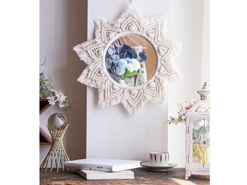 17.5" Boho Macrame Wall Mirror &ndash; Starburst Hanging Bedroom D&eacute;cor