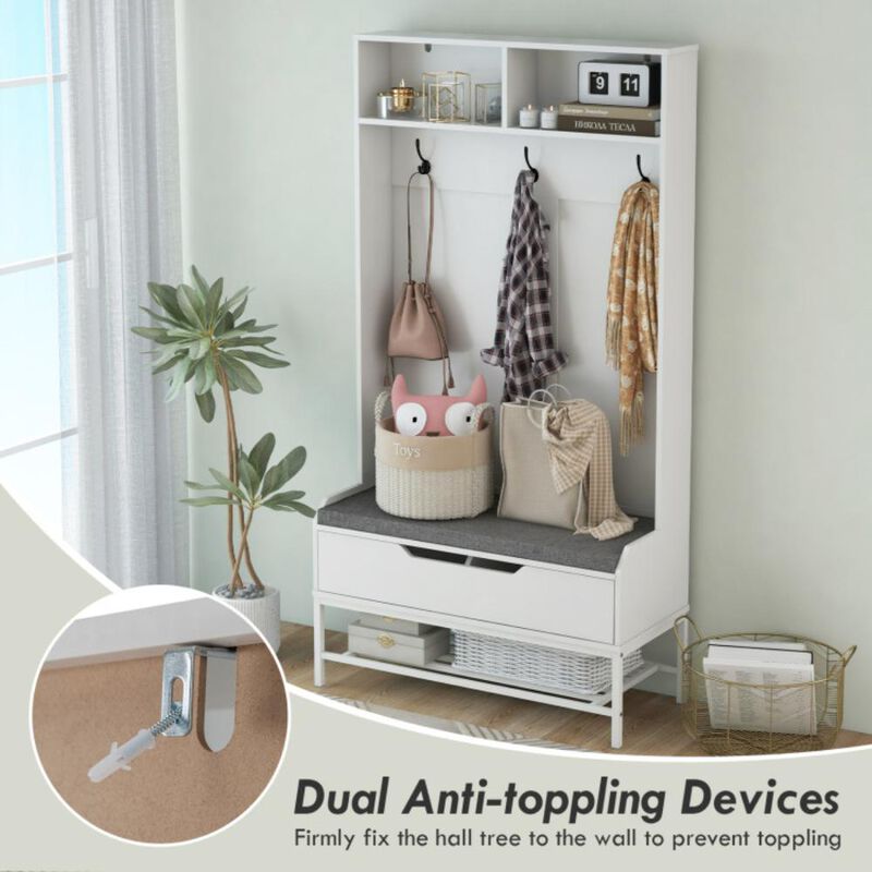 Hivvago Tall Hall Tree 4-in-1 Coat Rack with Seat Cushion and Shoe Storage