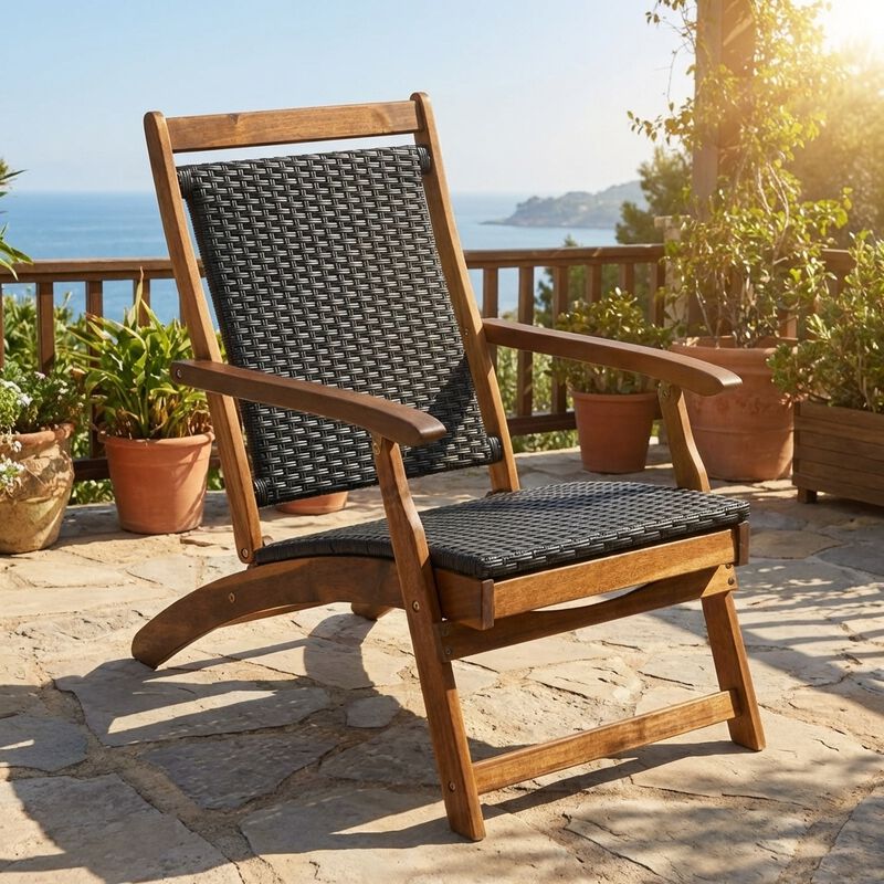 Set of 2 Folding Patio Rattan Lounge Chairs with Acacia Wood Frame and Footrest image number 3
