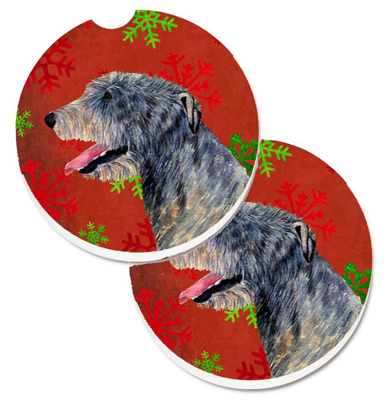 Caroline's Treasures Irish Wolfhound Red & green Snowflakes Holiday Christmas Set of 2 Cup Holder Car Coasters SS4713CARC, 2.56, Multicolor image number 0