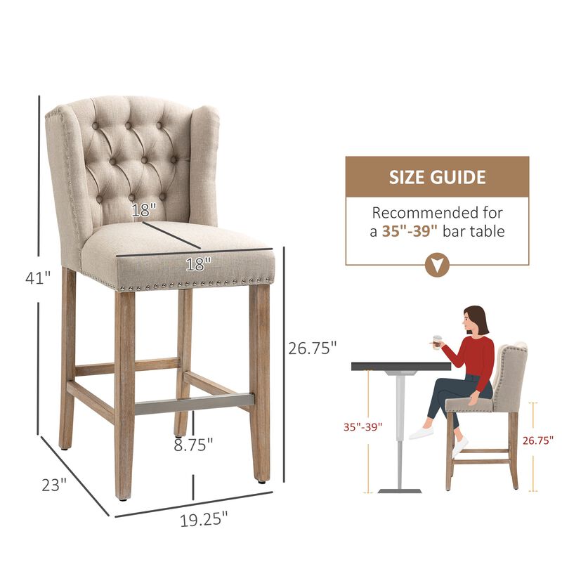 Counter Height Bar Stools Set of 2, Upholstered 26.75" Seat Height Barstools, Breakfast Chairs with Nailhead-Trim, Tufted Back and Wood Legs