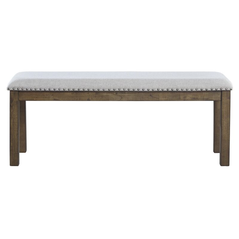 Nailhead Trim Wooden Dining Bench with Fabric Upholstery, Brown and Gray-Benzara