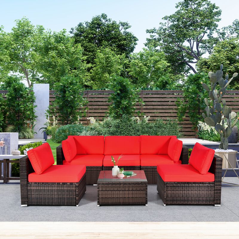 6 Pieces Patio Rattan Furniture Set with Cushions and Glass Coffee Table image number 2