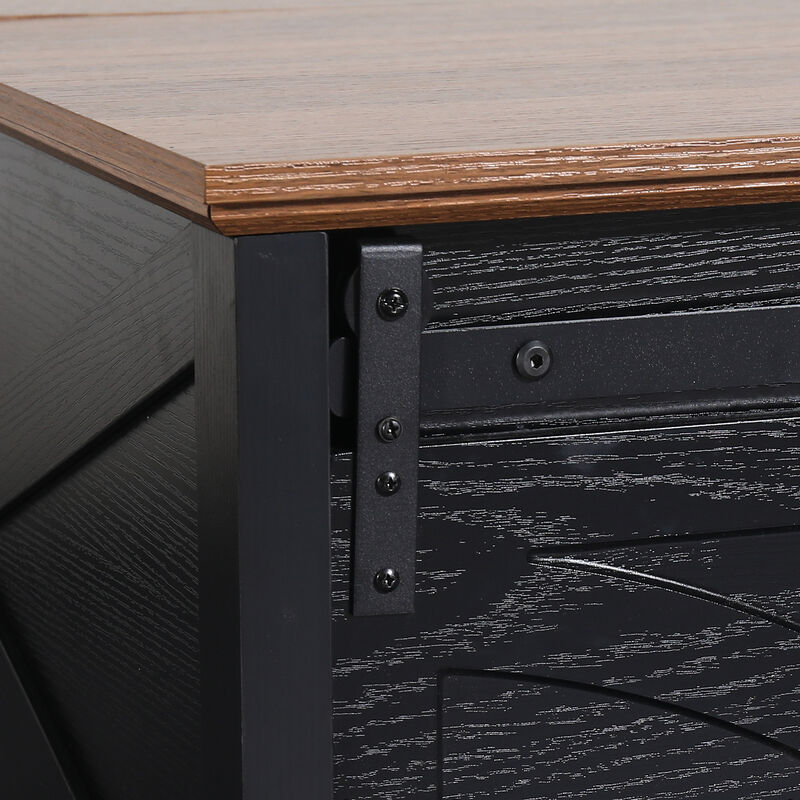 Modern 31.5" Black Dark Brown Wooden Farmhouse Square Coffee Table with Top Flip Cover and Sliding Barn Door Storage image number 8