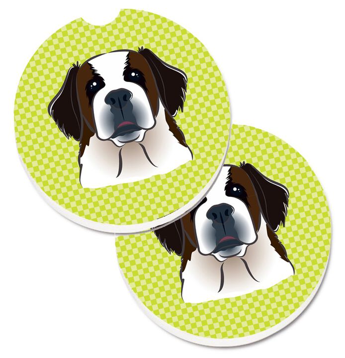 Caroline's Treasures Checkerboard Lime green Saint Bernard Set of 2 Cup Holder Car Coasters BB1308CARC, 2.56, Multicolor