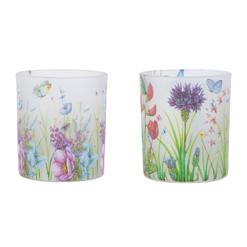 HomeRoots Set of Six Green White Green And Purple Floral Glass Tabletop Votive Candle Holders image number 2