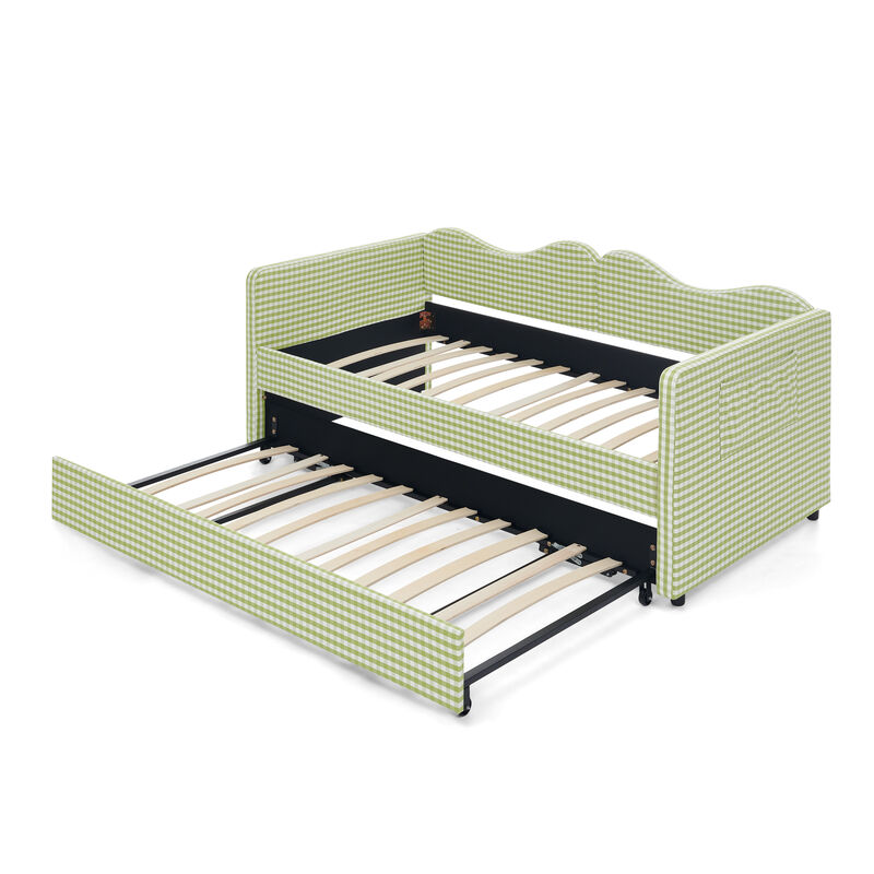 Merax Gingham Daybed with Trundle & Guardrails &ndash; Solid Wood Frame, Side Storage Pocket image number 0