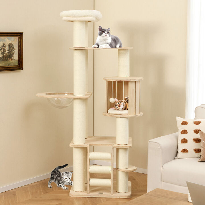 Tall Cat Tree Wooden Cat Tower with Cozy Perch Condo Space Capsule