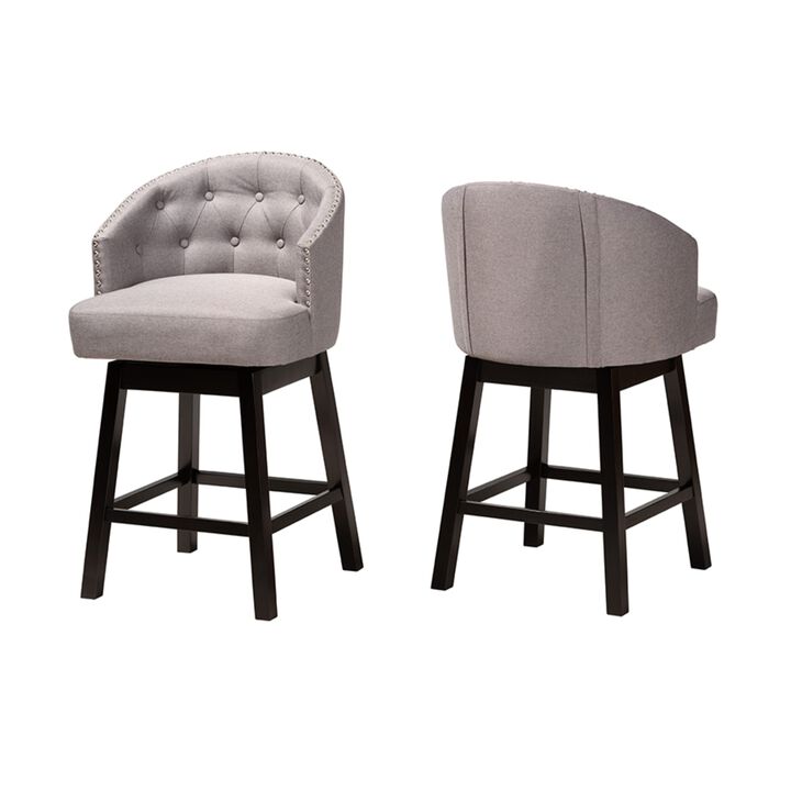 Baxton Studio Theron Mid-Century Transitional Grey Fabric and Espresso Brown Finished Wood 2-Piece Swivel Counter Stool Set