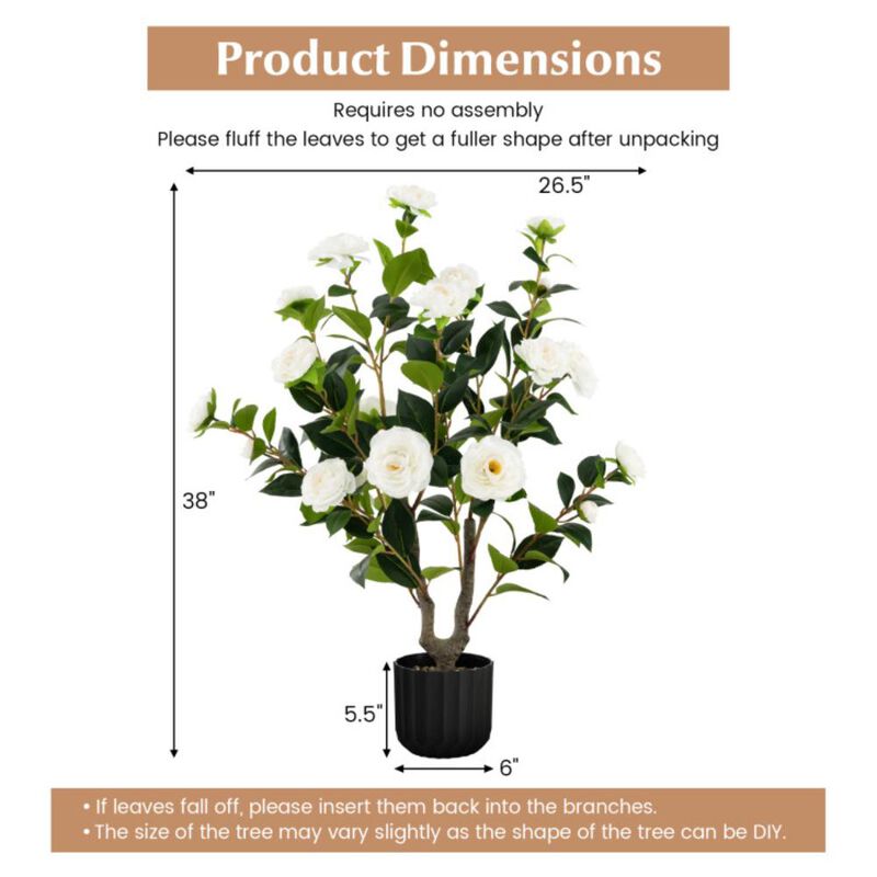Hivvago Artificial Camellia Tree Faux Flower Plant in Cement Pot