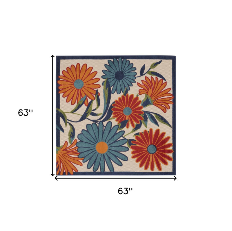 HomeRoots 5' Ivory Blue And Orange Square Floral Indoor Outdoor Area Rug image number 6