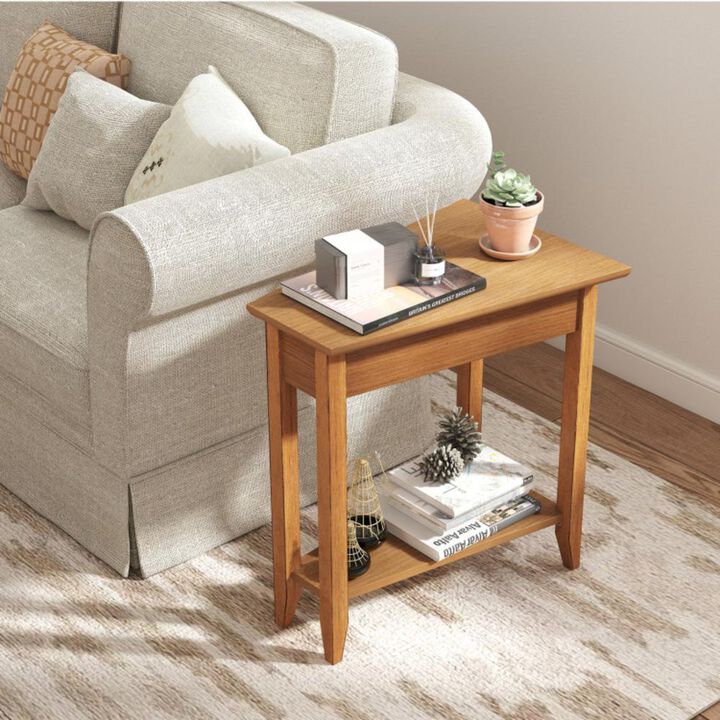 Hivvago 2-Tier Wedge Narrow End Table with Storage Shelf and Solid Wood Legs