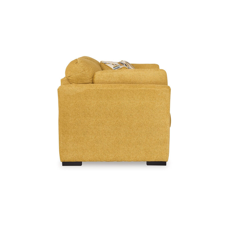 Viena Loveseat, 2 Accent Throw Pillows, Yellow Faux Velvet 68 Inch - Benzara