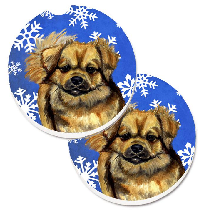 Caroline's Treasures Tibetan Spaniel Winter Snowflakes Holiday Set of 2 Cup Holder Car Coasters LH9304CARC, 2.56, Multicolor