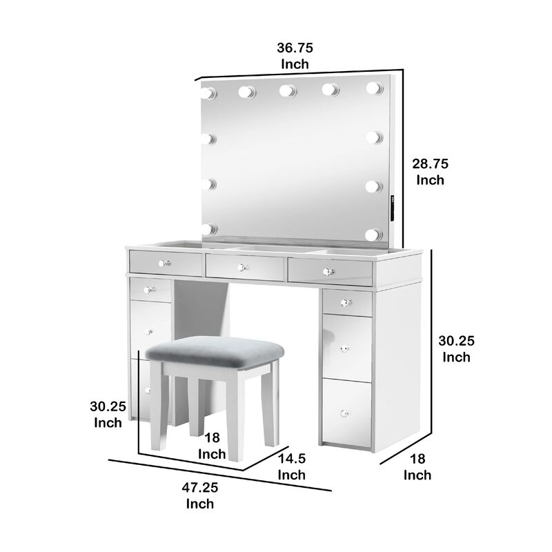 Margo Vanity Set with Lighted Mirror and Padded Stool, White-Gray image number 5
