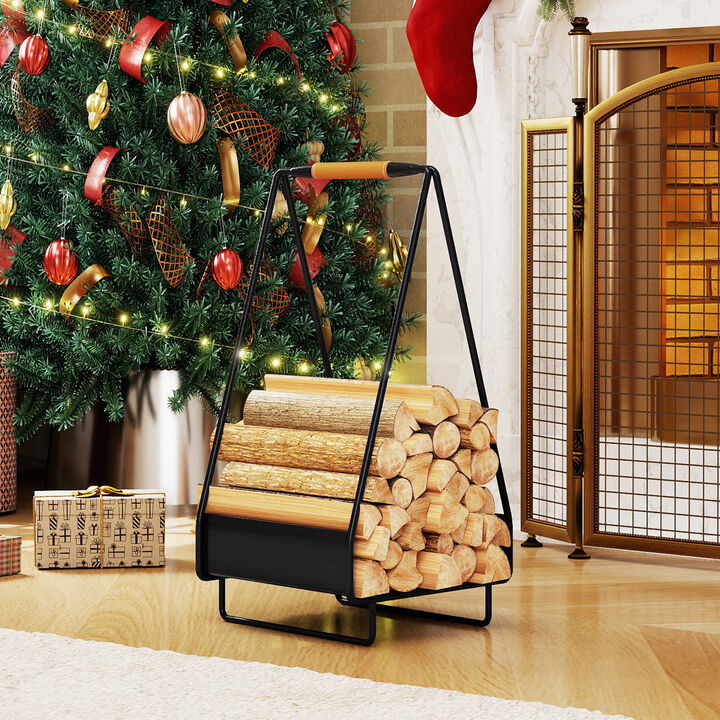 Heavy-Duty Firewood Storage Rack with Square Metal Frame and Handle