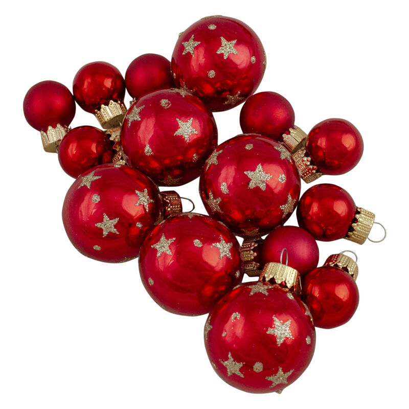 16-Piece Set of Assorted Red Glass Christmas Ball Ornaments with Tree Topper image number 1