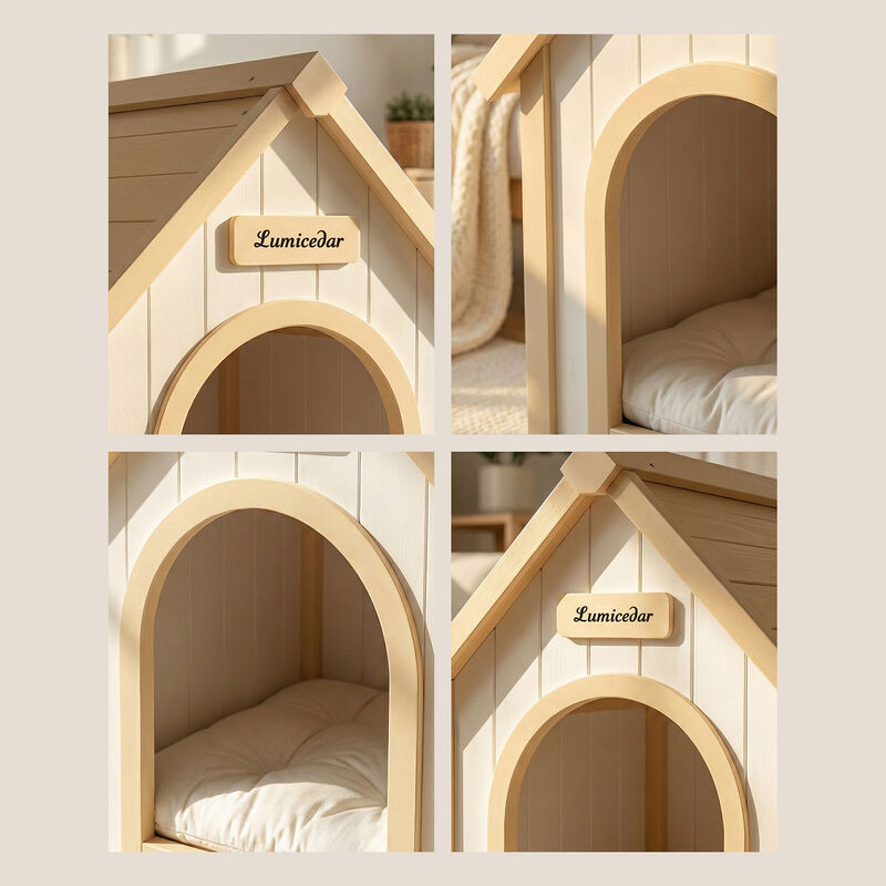 Solid Cedar Pet House, Cream Yellow Cabin Style Indoor Shelter for Small Dogs & Cats image number 7