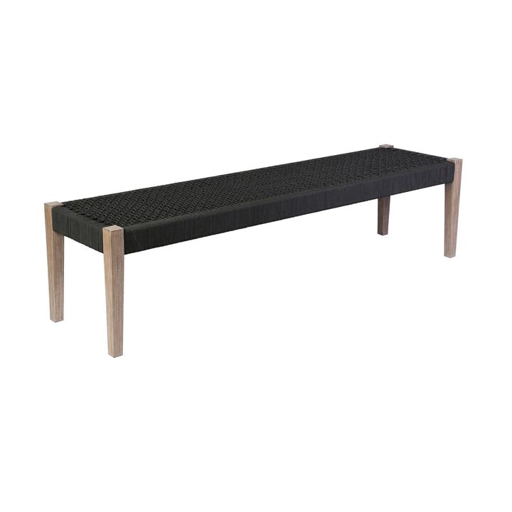 Nif 71 Inch Rectangular Dining Bench, Rope Woven Top, Tapered Legs, Black - Benzara