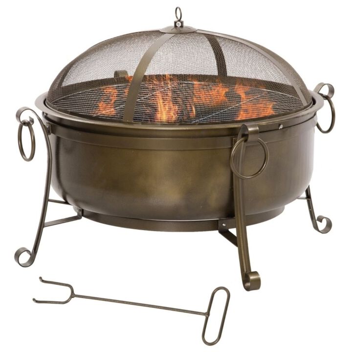QuikFurn Large Wood Burning Fire Pit Cauldron Style Steel Bowl w/ BBQ Grill, Log Poker, and Mesh Screen Lid