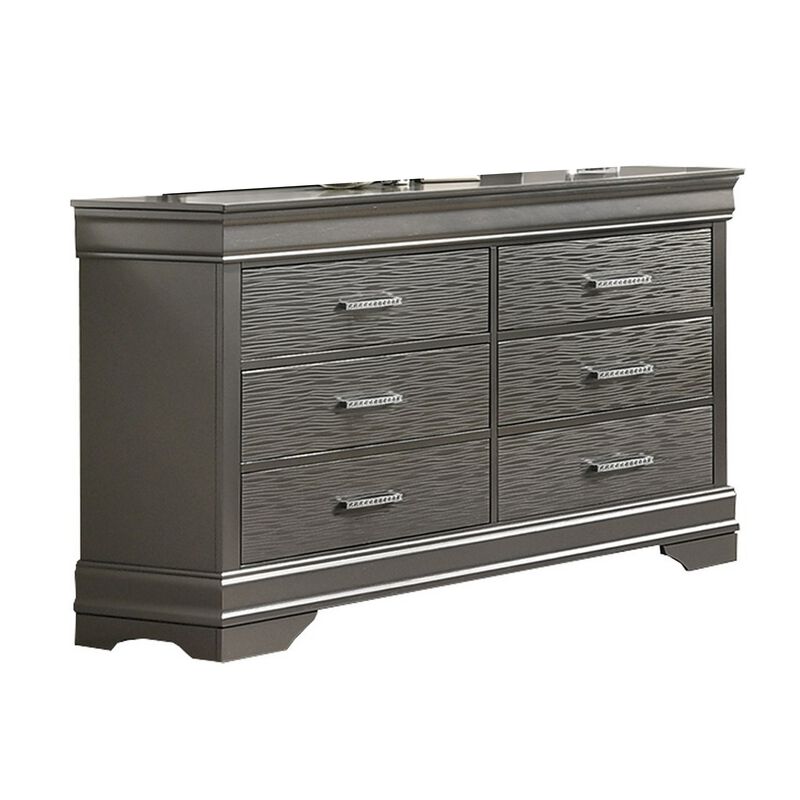 Jean Wide Dresser Chest, 6 Drawers, Chrome, Dark Gray Solid Wood - Benzara