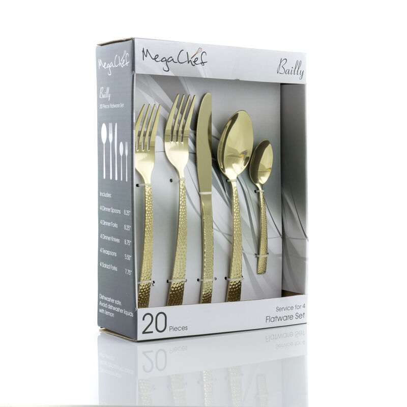 MegaChef Baily 20 Piece Flatware Utensil Set, Stainless Steel Silverware Metal Service for 4 in Light Gold