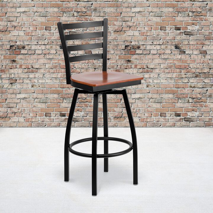 Flash Furniture HERCULES Series Black Ladder Back Swivel Metal Barstool - Cherry Wood Seat